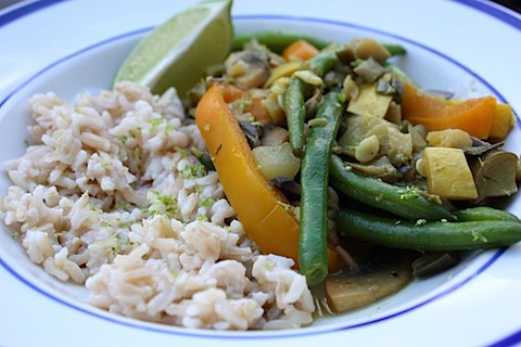 Curried Summer Vegetable Medley With Coconut Rice.