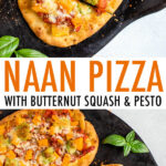 Naan pizza topped with tomatoes, cheese, butternut squash, and pesto.