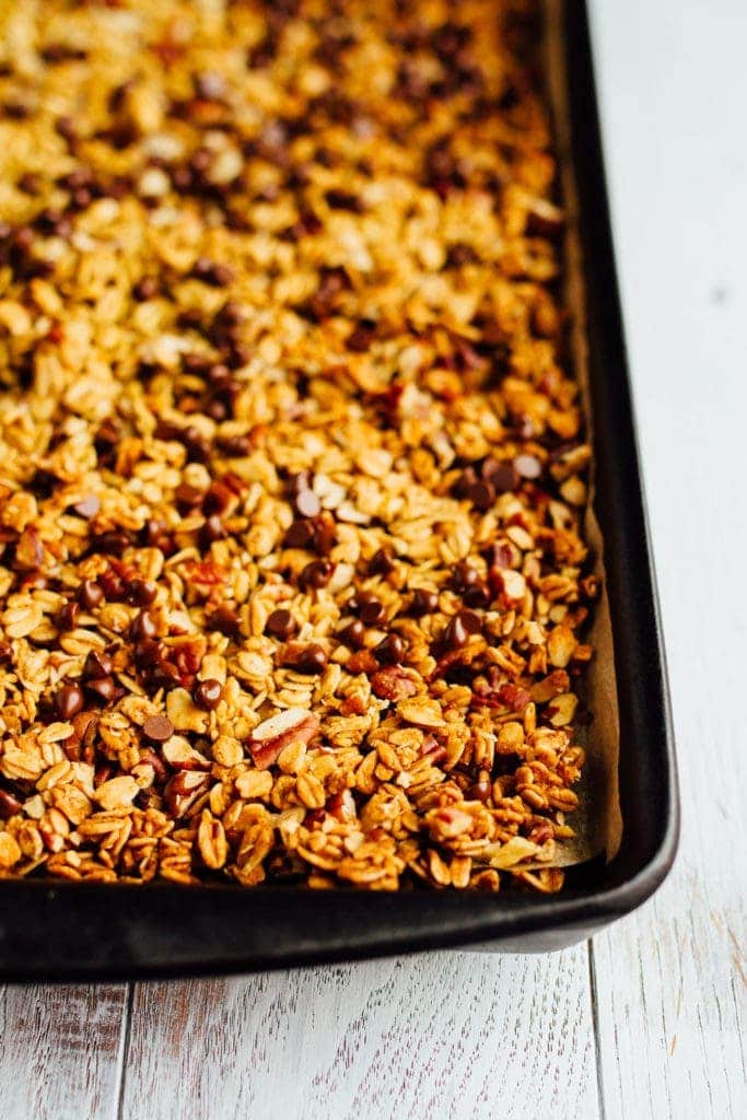 Chocolate Pecan Pumpkin Granola on a baking sheet.