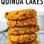 Five sweet potato quinoa cakes stacked.