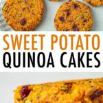 Sweet potato cakes on a plate and stacked on a cooling rack.