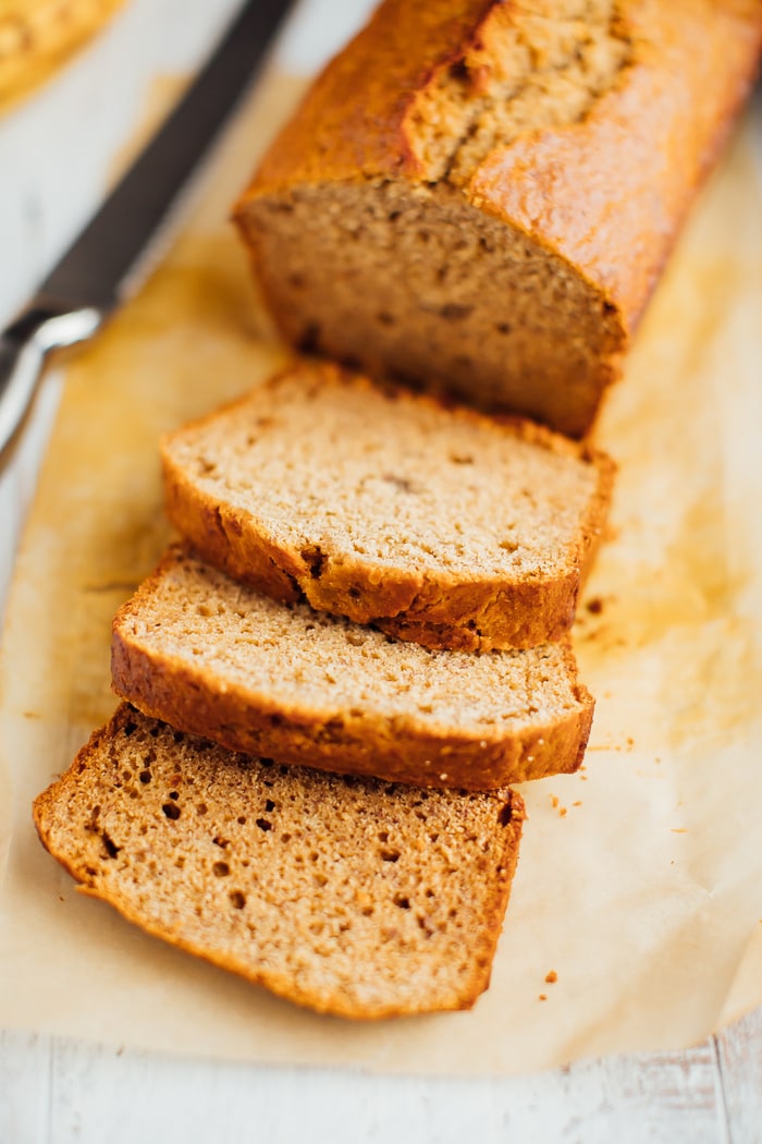 Sliced whole wheat banana bread.
