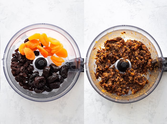 Side by side image with dried fruit in a food processor. The first image shows fruit whole and then second shows fruit processed.