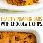 Pumpkin bars with chocolate chips in a stack, and in a baking sheet.