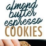 Collage of almond butter espresso cookies. Stack of cookies and a hand dipping a cookie in a mug of milk.