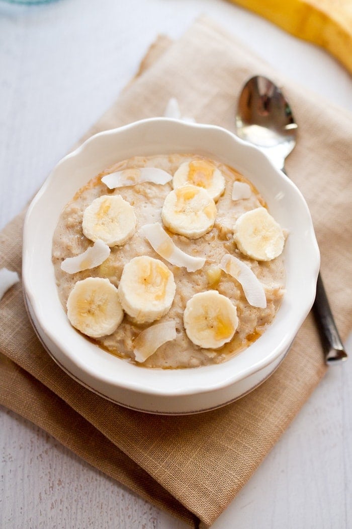 Tropical oats with banana, coconut and a drizzle of maple syrup.