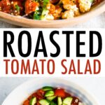 Two photos. One is of a serving bowl with tomato salad. The one below is a mixing bowl with tomatoes, cucumber, onion, basil and feta before being tossed.