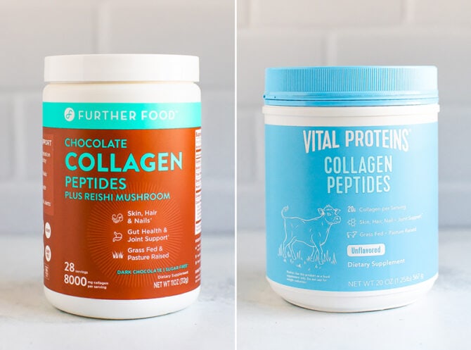 Two tubs of collagen peptides, chocolate Further Foods and Vital Proteins