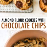 Photo of almond flour chocolate chip cookies on a cooling rack and a mixing bowl with cookie dough.
