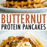 Stack of butternut squash pancakes topped with peanut butter, maple syrup, granola, and yogurt.