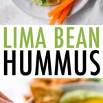 Tow photos. One is of a bowl of lima bean hummus served with veggies and crackers. The second is a person dipping a cracker into a bowl of hummus.