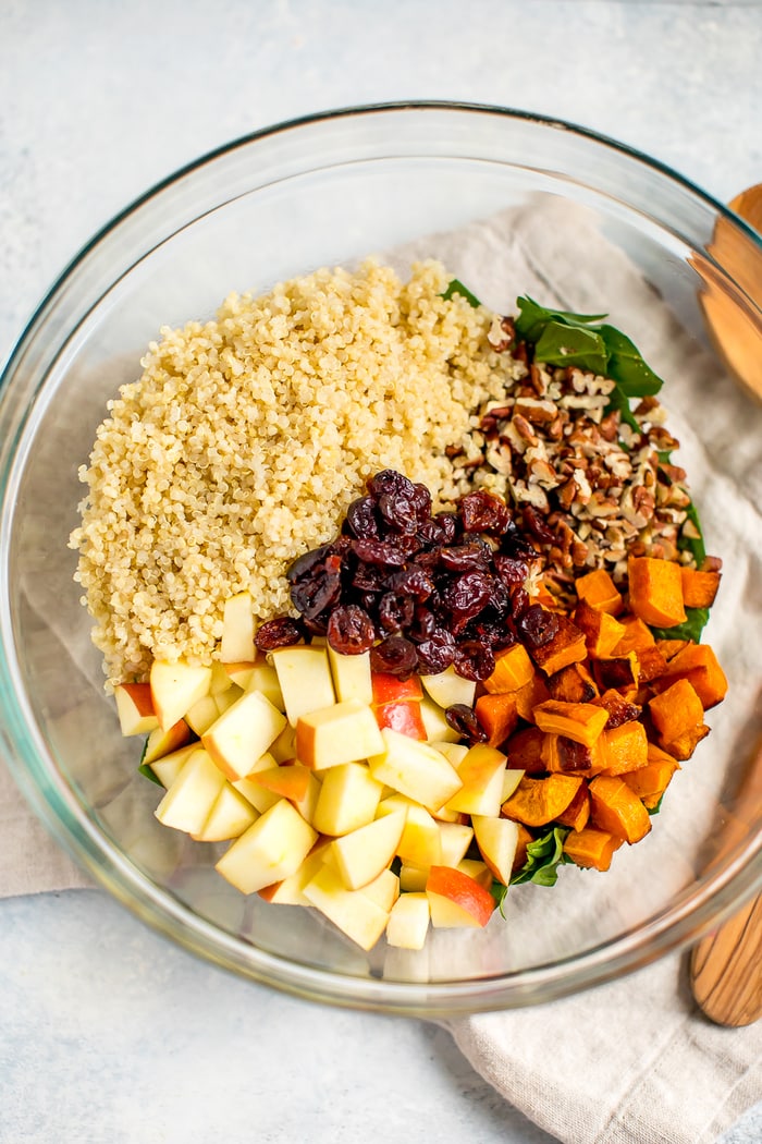 Ingredients for the fall harvest spinach salad in a bowl before being mixed-- chopped apple, quinoa, cranberries, pecans, butternut squash, and spinach.