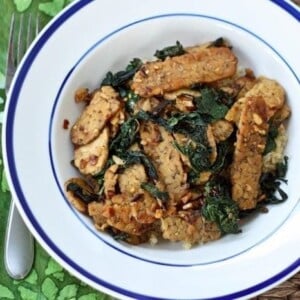 Tempeh and kale served in a bowl.