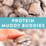 Protein muddy buddies in a bowl, and a hand holding a few pieces of the Chex from the muddy buddies.