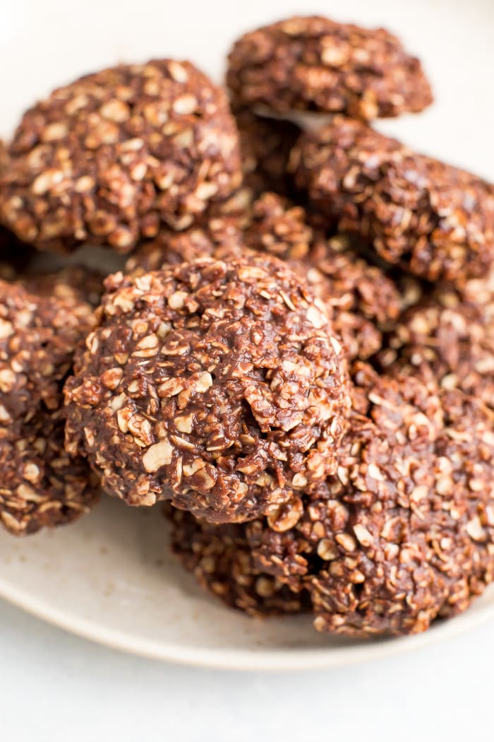 Plate of peanut butter chocolate healthy no bake cookies.