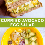 Curried avocado egg salad on wheat sandwich bread. Egg salad ingredients in a bowl.