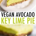 Two photos of slices of avocado lime tart on plates. One has a fork bite taken out of it.