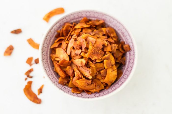 Vegan Coconut Bacon in a light purple bowl. 