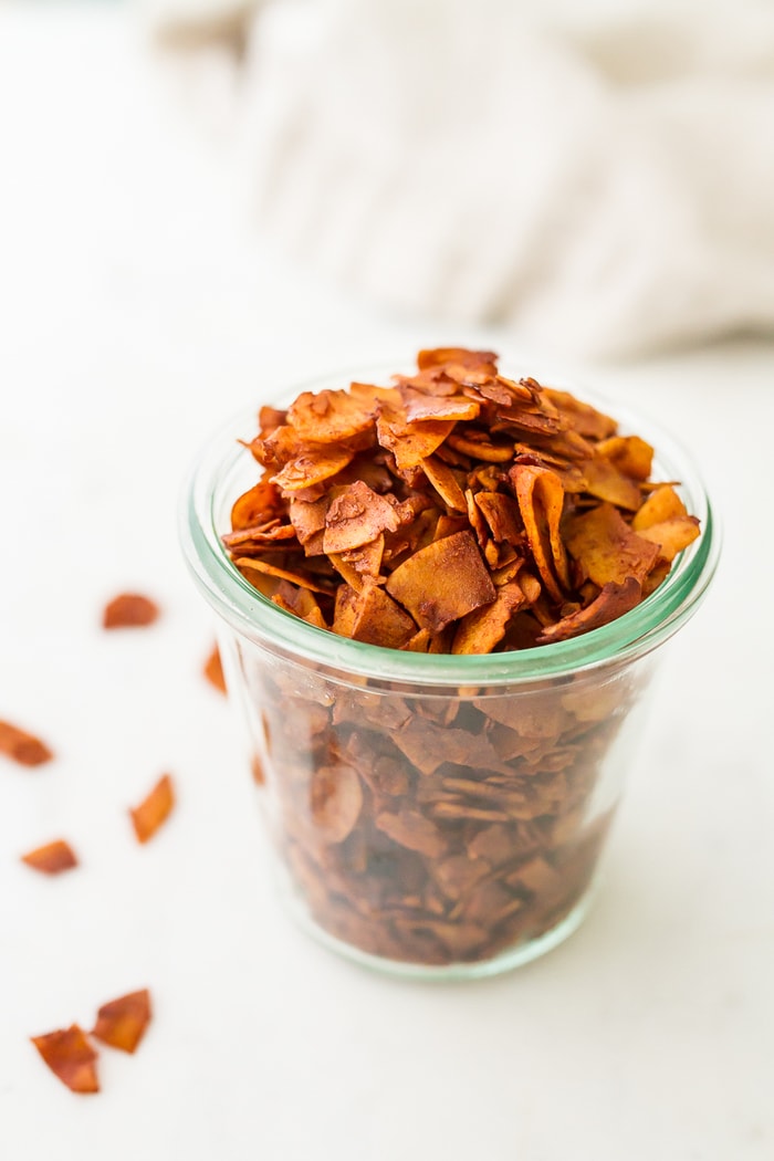 Vegan Coconut Bacon is a clear glass jar.