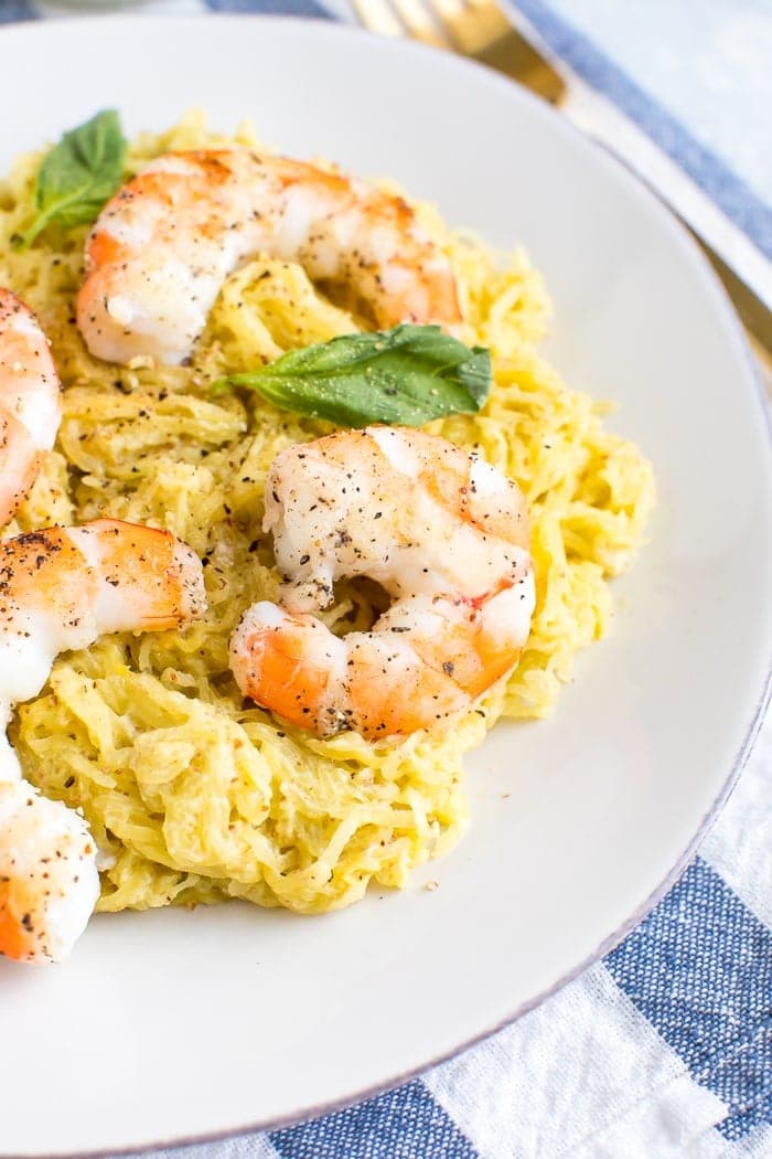 Almond pesto spaghetti squash with shrimp.