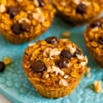 Four baked pumpkin oatmeal cups on a plate and one on the table next to the plate. Oatmeal cups are topped with chocolate chips and walnuts.