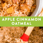 Healthy apple cinnamon oatmeal in a bowl, as well as in a slow cooker being stirred with a spatula.