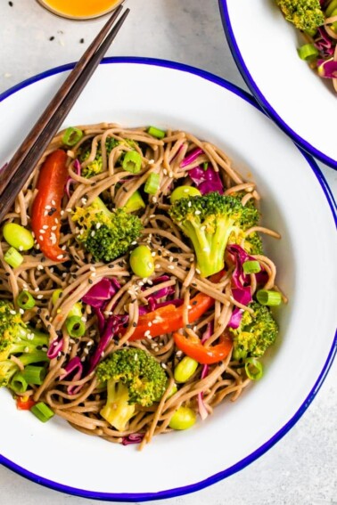 Bowl of soba noodle salad, with red pepper, broccoli, edamame, and purple cabbage, and topped with sesame seeds. Chopsticks are resting on the bowl.