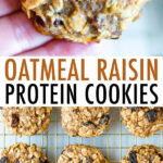 Hand holding an oatmeal raisin protein cookie, and a cooling rack with protein cookies.