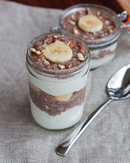Banana Nut Teff Parfait A jar of banana nut teff parfait with a silver spoon.