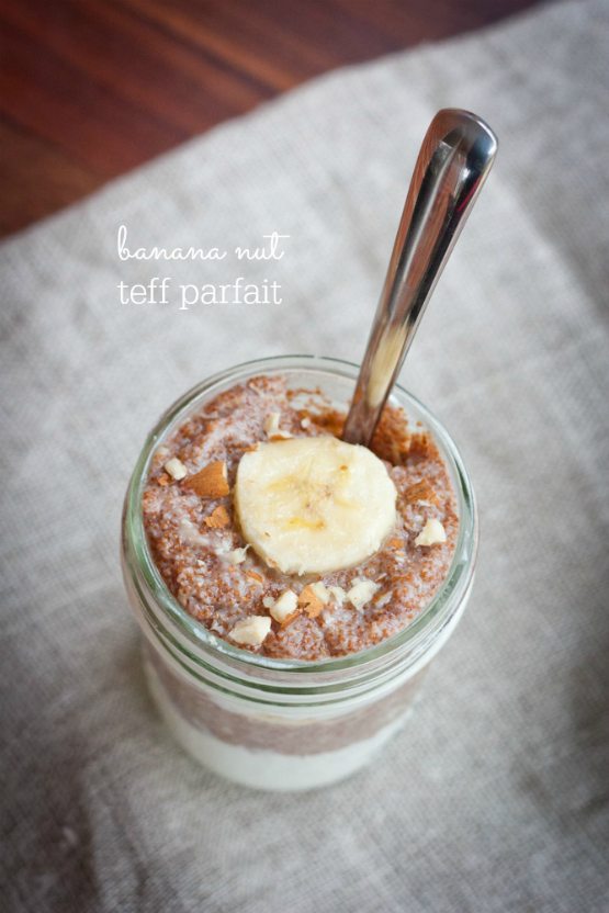 Banana Nut Teff Parfait in a glass jar with a silver spoon.