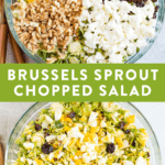 Chopped brussel sprout salad with toppings (feta, walnuts, egg and cranberries) chopped and un chopped.