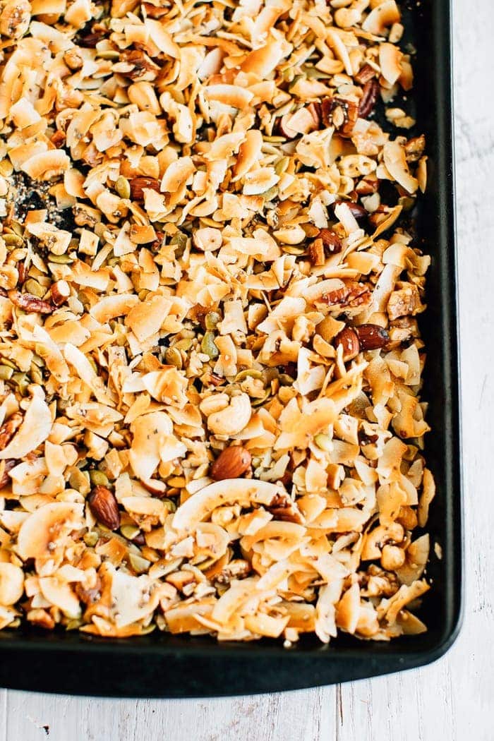 Overhead shot of 5-Ingredient Grain Free Granola on a sheet pan.