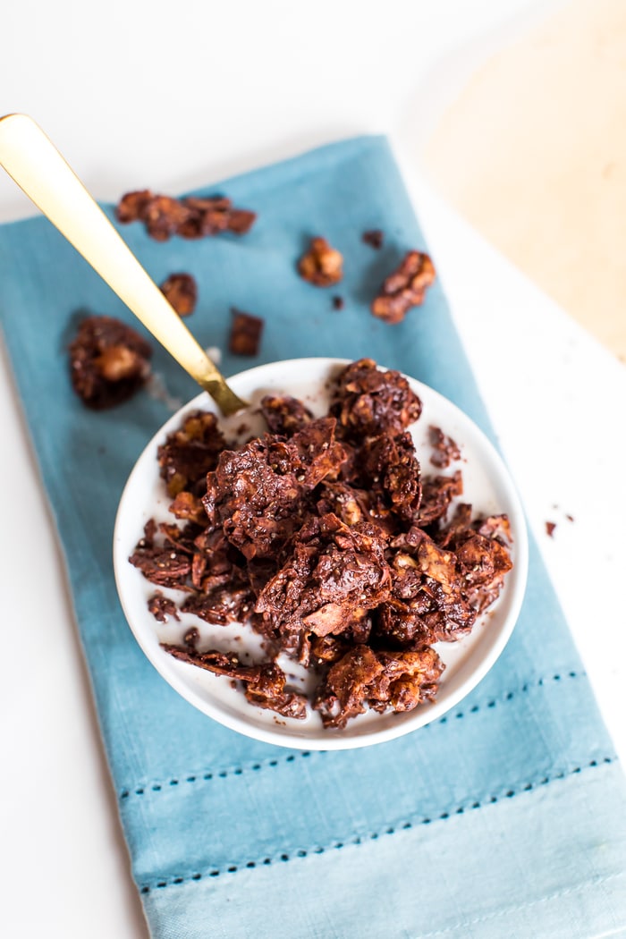 Chocolate, grain-free granola with cocoa, coconut flakes and nuts in a bowl with milk and a gold spoon.