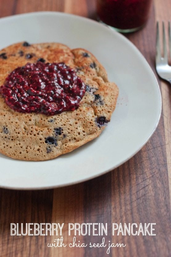 Blueberry Protein Pancake with Chia Seed Jam Eating Bird Food