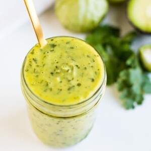 Chopt Mexican Goddess with tomatillos and avocado in a mason jar.