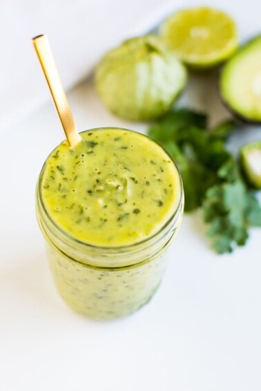 Chopt Mexican Goddess with tomatillos and avocado in a mason jar.