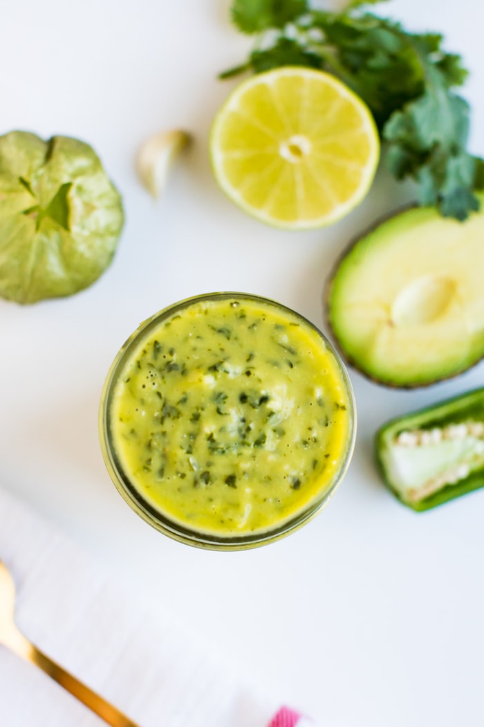 Chopt Mexican Goddess with tomatillos and avocado in a mason jar. 