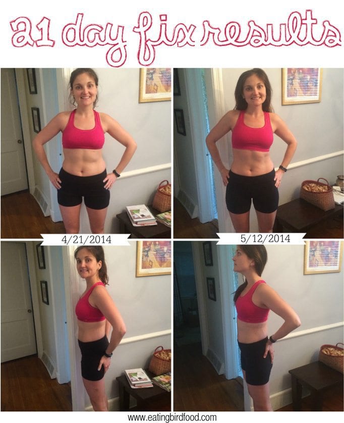 21 day fix results: Two before and after images - front and side facing in red sports bra and black shorts