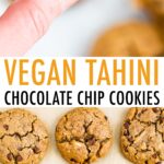 Hand holding a tahini chocolate chip cookie with a bite taken out of it and a cookie sheet with cookies on it.