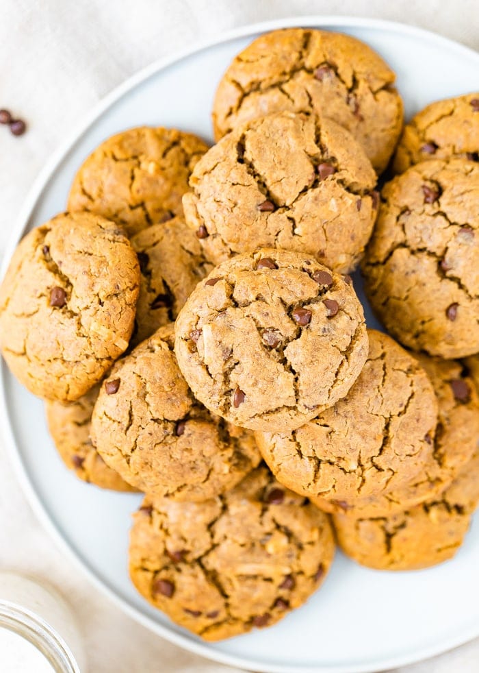 Plate full of vegan tahini chocolate chip cookies.