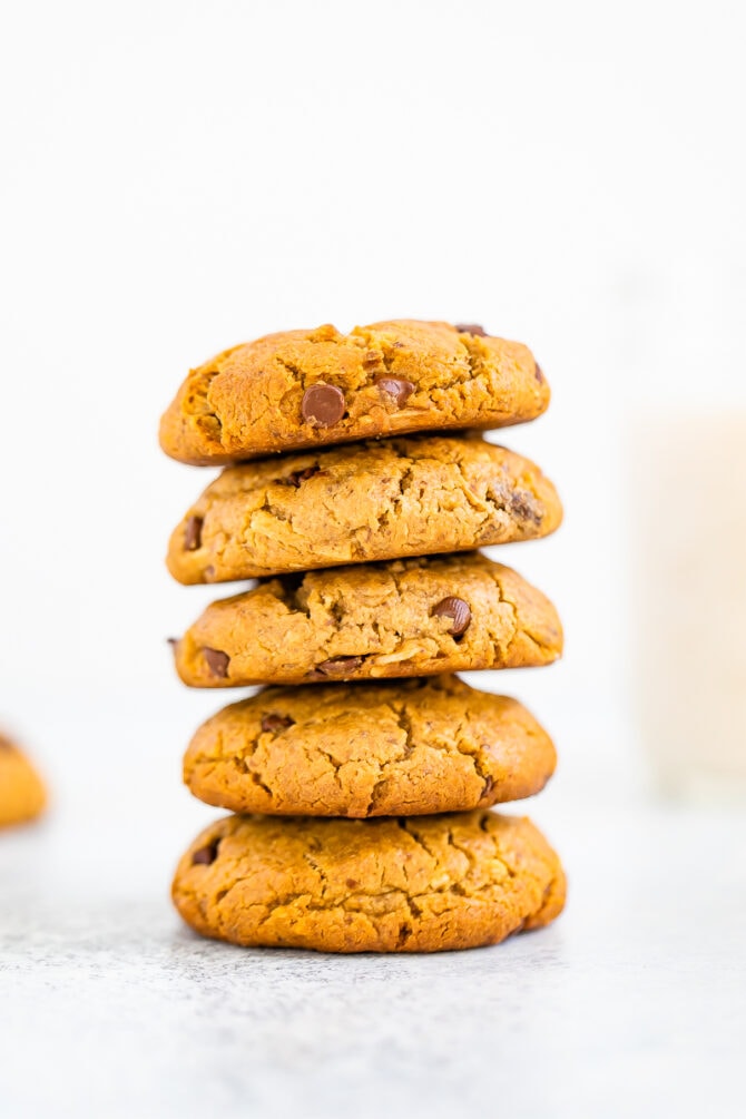 A stack of chocolate chip tahini cookies.