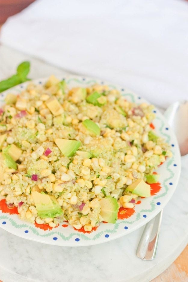 Fresh Corn, Avocado and Quinoa Salad (or dip) on a plate.