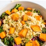 Bowl of kale salad topped with quinoa and roasted sweet potato cubes.