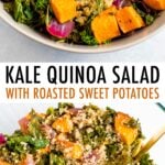 Two photos of the kale quinoa sweet potato salad before being mixed and after being mixed.