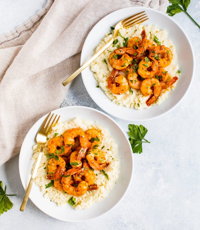 Cauliflower Grits with Blackened Shrimp Eating Bird Food