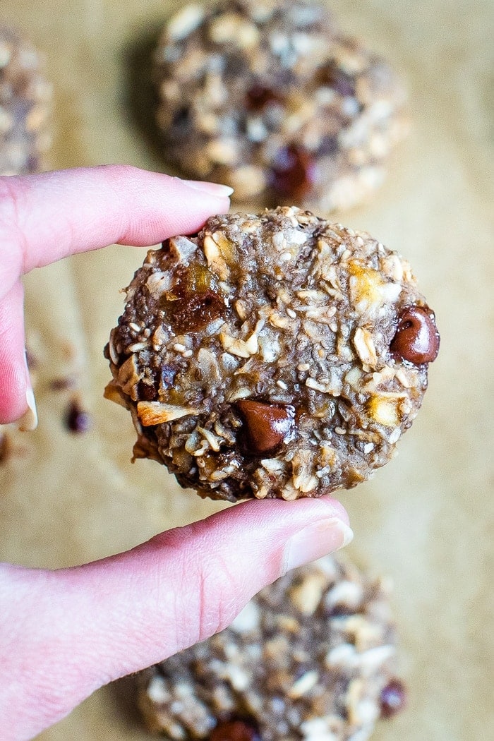 Hand holding an oatmeal chia cookies with flecks of coconut and chocolate chips.