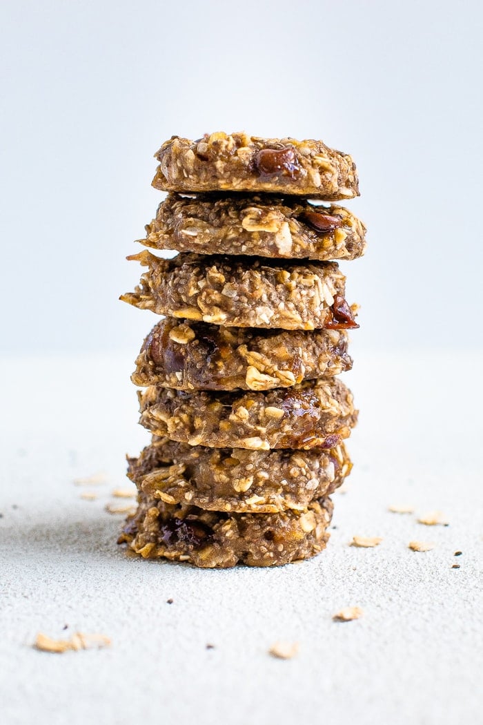 Stack of oatmeal chia cookies with chocolate chips.