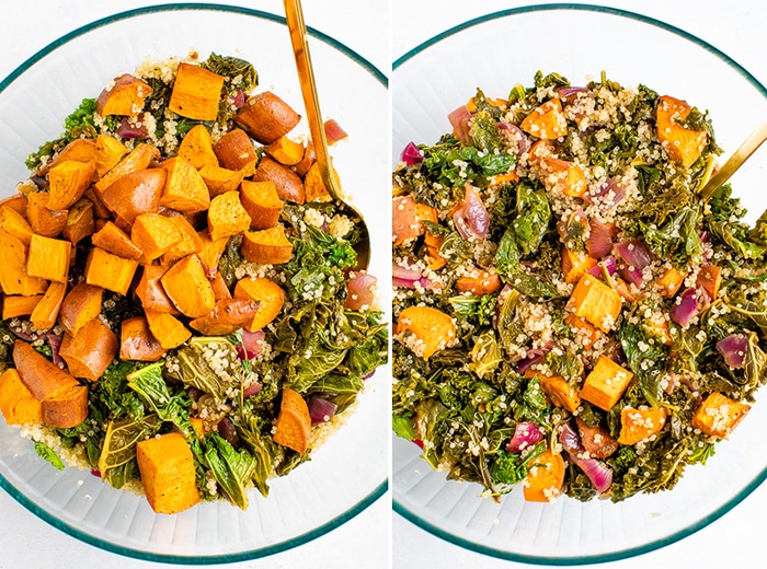 Side by side photos of sweet potato kale quinoa salad ingredients in a bowl before mixing, and one after.