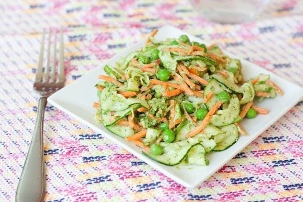 Carrot and Zucchini Pappardelle with Pesto and Peas