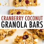 Coconut cranberry granola bars on parchment paper and also stacked.